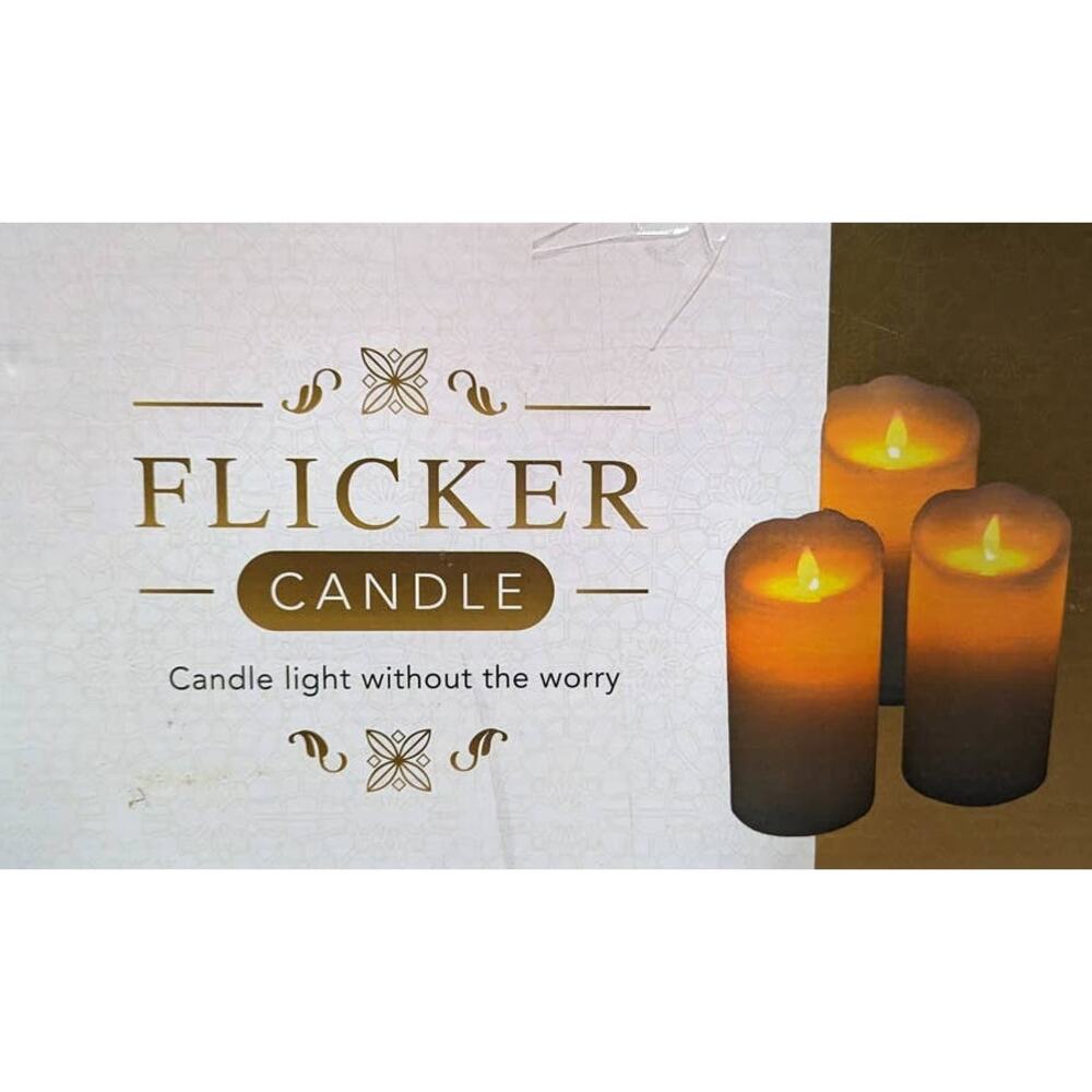 Flicker Candle Set of Three Beige Flameless LED 6" Pillar Faux Wax with Remote